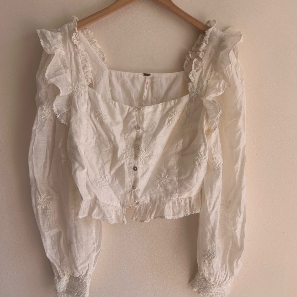 Free People Romantic Cream Embroidered Ruffle Blouse S/P | Cottagecore Poet Top